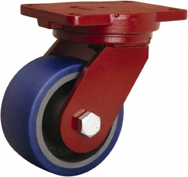 Hamilton - 6" Diam x 3" Wide x 8-1/2" OAH Top Plate Mount Swivel Caster - Polyurethane Mold onto Cast Iron Center, 1,800 Lb Capacity, Precision Tapered Roller Bearing, 6-1/8 x 7-1/2" Plate - Caliber Tooling