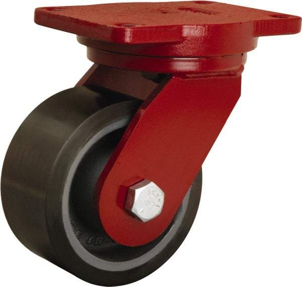 Hamilton - 6" Diam x 3" Wide x 8-1/2" OAH Top Plate Mount Swivel Caster - Polyurethane Mold onto Cast Iron Center, 2,860 Lb Capacity, Sealed Precision Ball Bearing, 6-1/8 x 7-1/2" Plate - Caliber Tooling