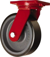 Hamilton - 10" Diam x 3" Wide x 12-1/2" OAH Top Plate Mount Swivel Caster - Polyurethane Mold onto Cast Iron Center, 3,900 Lb Capacity, Tapered Roller Bearing, 6-1/8 x 7-1/2" Plate - Caliber Tooling