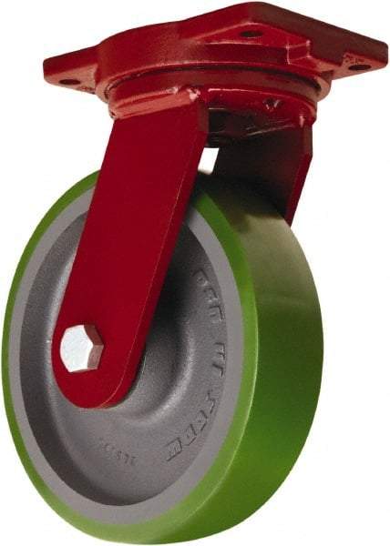 Hamilton - 10" Diam x 2-1/2" Wide x 12-1/2" OAH Top Plate Mount Swivel Caster - Polyurethane Mold onto Cast Iron Center, 2,500 Lb Capacity, Tapered Roller Bearing, 6-1/8 x 7-1/2" Plate - Caliber Tooling