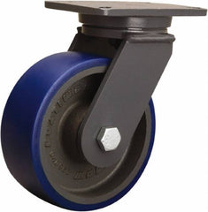 Hamilton - 8" Diam x 3" Wide x 10-1/2" OAH Top Plate Mount Swivel Caster - Polyurethane Mold onto Cast Iron Center, 2,000 Lb Capacity, Tapered Roller Bearing, 5-1/4 x 7-1/4" Plate - Caliber Tooling