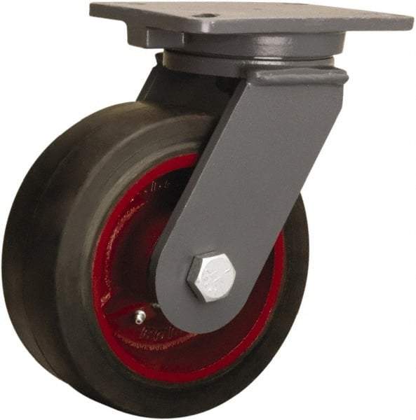 Hamilton - 8" Diam x 3" Wide x 10-1/2" OAH Top Plate Mount Swivel Caster - Rubber Mold on Cast Iron, 840 Lb Capacity, Straight Roller Bearing, 5-1/4 x 7-1/4" Plate - Caliber Tooling