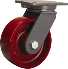 Hamilton - 8" Diam x 3" Wide x 10-1/2" OAH Top Plate Mount Swivel Caster - Cast Iron, 2,600 Lb Capacity, Tapered Roller Bearing, 5-1/4 x 7-1/4" Plate - Caliber Tooling