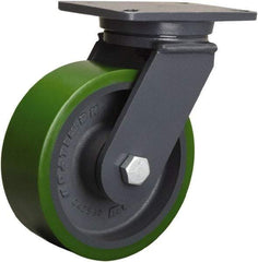 Hamilton - 8" Diam x 3" Wide x 10-1/2" OAH Top Plate Mount Swivel Caster - Polyurethane Mold onto Cast Iron Center, 2,500 Lb Capacity, Tapered Roller Bearing, 5-1/4 x 7-1/4" Plate - Caliber Tooling