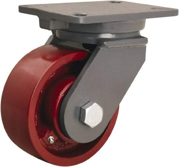 Hamilton - 6" Diam x 2-1/2" Wide x 8" OAH Top Plate Mount Swivel Caster - Cast Iron, 2,200 Lb Capacity, Tapered Roller Bearing, 5-1/4 x 7-1/4" Plate - Caliber Tooling