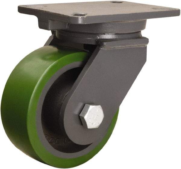 Hamilton - 6" Diam x 2-1/2" Wide x 8" OAH Top Plate Mount Swivel Caster - Polyurethane Mold onto Cast Iron Center, 1,600 Lb Capacity, Tapered Roller Bearing, 5-1/4 x 7-1/4" Plate - Caliber Tooling