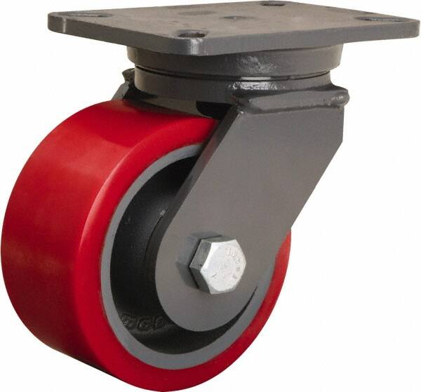 Hamilton - 6" Diam x 3" Wide x 8" OAH Top Plate Mount Swivel Caster - Polyurethane Mold onto Cast Iron Center, 2,600 Lb Capacity, Sealed Precision Ball Bearing, 5-1/4 x 7-1/4" Plate - Caliber Tooling