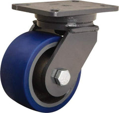 Hamilton - 6" Diam x 3" Wide x 8" OAH Top Plate Mount Swivel Caster - Polyurethane Mold onto Cast Iron Center, 1,800 Lb Capacity, Tapered Roller Bearing, 5-1/4 x 7-1/4" Plate - Caliber Tooling