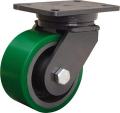 Hamilton - 6" Diam x 3" Wide x 8" OAH Top Plate Mount Swivel Caster - Polyurethane Mold onto Cast Iron Center, 2,200 Lb Capacity, Tapered Roller Bearing, 5-1/4 x 7-1/4" Plate - Caliber Tooling