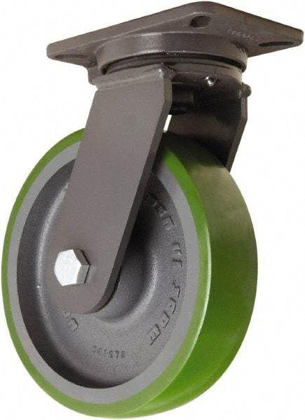 Hamilton - 10" Diam x 2-1/2" Wide x 12-1/2" OAH Top Plate Mount Swivel Caster - Polyurethane Mold onto Cast Iron Center, 2,500 Lb Capacity, Tapered Roller Bearing, 5-1/4 x 7-1/4" Plate - Caliber Tooling