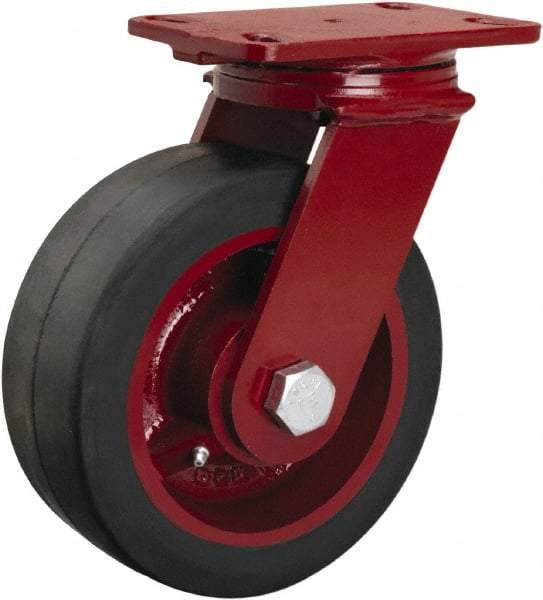 Hamilton - 8" Diam x 3" Wide x 10-1/8" OAH Top Plate Mount Swivel Caster - Rubber Mold on Cast Iron, 840 Lb Capacity, Straight Roller Bearing, 4-1/2 x 6-1/2" Plate - Caliber Tooling