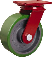 Hamilton - 8" Diam x 3" Wide x 10-1/8" OAH Top Plate Mount Swivel Caster - Polyurethane Mold onto Cast Iron Center, 2,200 Lb Capacity, Tapered Roller Bearing, 4-1/2 x 6-1/2" Plate - Caliber Tooling