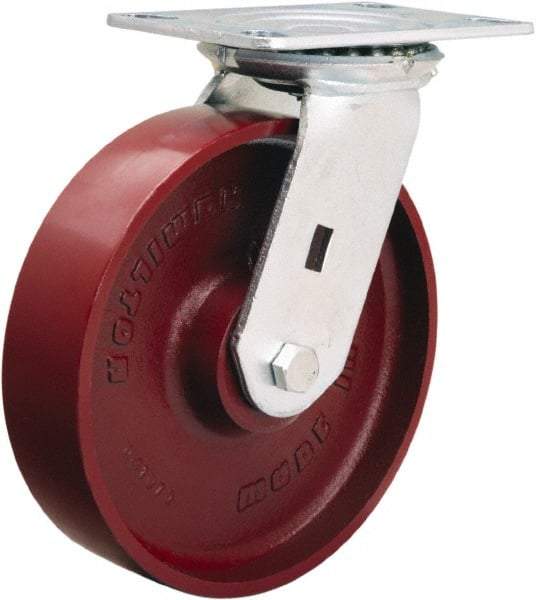 Hamilton - 8" Diam x 2" Wide x 9-1/2" OAH Top Plate Mount Swivel Caster - Cast Iron, 1,500 Lb Capacity, Precision Ball Bearing, 4-1/2 x 6-1/4" Plate - Caliber Tooling