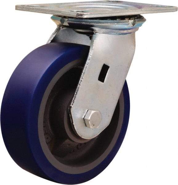 Hamilton - 6" Diam x 2" Wide x 7-1/2" OAH Top Plate Mount Swivel Caster - Polyurethane Mold onto Cast Iron Center, 960 Lb Capacity, Sealed Precision Ball Bearing, 4-1/2 x 6-1/4" Plate - Caliber Tooling