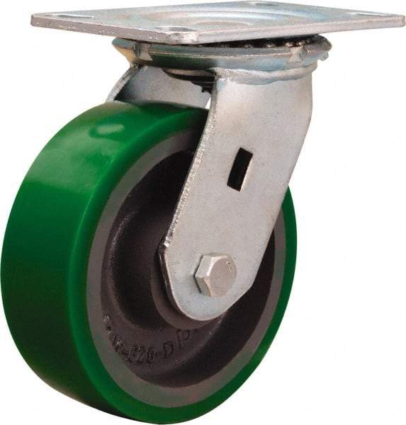 Hamilton - 6" Diam x 2" Wide x 7-1/2" OAH Top Plate Mount Swivel Caster - Polyurethane Mold onto Cast Iron Center, 1,200 Lb Capacity, Sealed Precision Ball Bearing, 4-1/2 x 6-1/4" Plate - Caliber Tooling