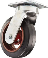 Hamilton - 6" Diam x 2" Wide x 7-1/2" OAH Top Plate Mount Swivel Caster - Rubber Mold on Cast Iron, Straight Roller Bearing, 4 x 4-1/2" Plate - Caliber Tooling