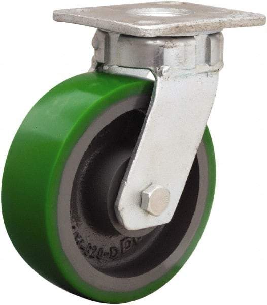 Hamilton - 6" Diam x 2" Wide x 7-1/2" OAH Top Plate Mount Swivel Caster - Polyurethane Mold onto Cast Iron Center, 1,200 Lb Capacity, Sealed Precision Ball Bearing, 4 x 4-1/2" Plate - Caliber Tooling