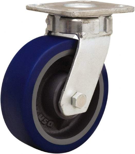 Hamilton - 5" Diam x 2" Wide x 7" OAH Top Plate Mount Swivel Caster - Polyurethane Mold onto Cast Iron Center, 840 Lb Capacity, Sealed Precision Ball Bearing, 4 x 4-1/2" Plate - Caliber Tooling