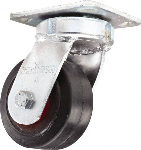 Hamilton - 4" Diam x 2" Wide x 5-5/8" OAH Top Plate Mount Swivel Caster - Rubber Mold on Cast Iron, Straight Roller Bearing, 4 x 4-1/2" Plate - Caliber Tooling