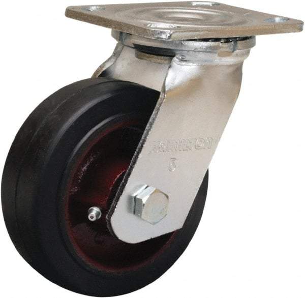 Hamilton - 5" Diam x 2" Wide x 6-1/2" OAH Top Plate Mount Swivel Caster - Rubber Mold on Cast Iron, 350 Lb Capacity, Straight Roller Bearing, 4 x 4-1/2" Plate - Caliber Tooling