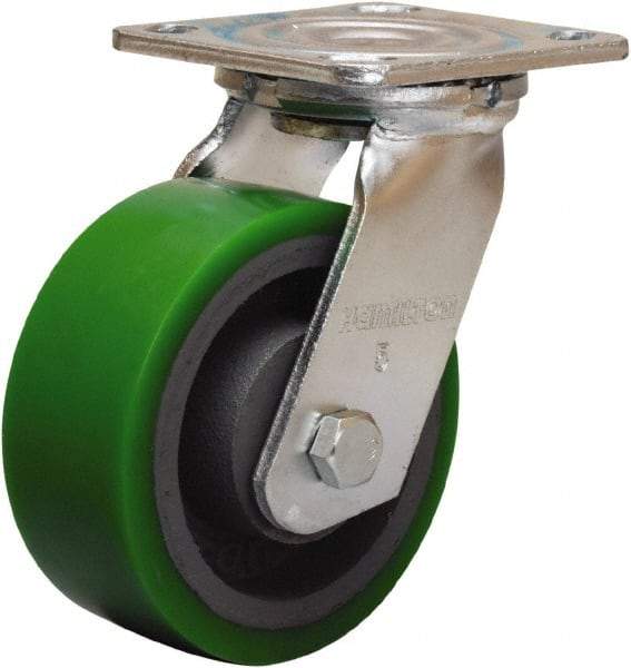 Hamilton - 5" Diam x 2" Wide x 6-1/2" OAH Top Plate Mount Swivel Caster - Polyurethane Mold onto Cast Iron Center, 900 Lb Capacity, Sealed Precision Ball Bearing, 4 x 4-1/2" Plate - Caliber Tooling