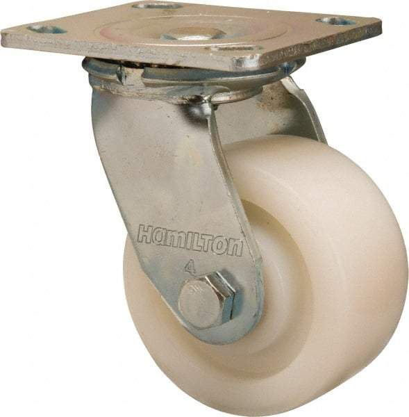 Hamilton - 4" Diam x 2" Wide x 5-5/8" OAH Top Plate Mount Swivel Caster - Nylon, 800 Lb Capacity, Sealed Precision Ball Bearing, 4 x 4-1/2" Plate - Caliber Tooling