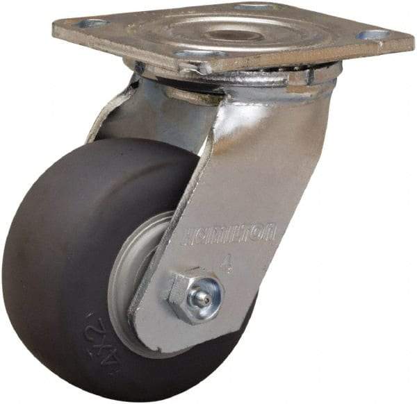 Hamilton - 4" Diam x 2" Wide x 5-5/8" OAH Top Plate Mount Swivel Caster - Rubber Mold on Polyolefin, 300 Lb Capacity, Straight Roller Bearing, 4 x 4-1/2" Plate - Caliber Tooling