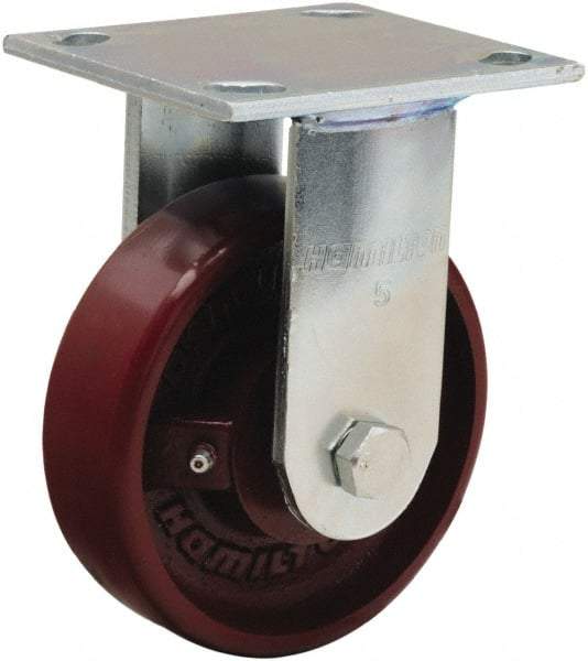 Hamilton - 5" Diam x 1-1/2" Wide x 6-1/8" OAH Top Plate Mount Rigid Caster - Cast Iron, 550 Lb Capacity, Straight Roller Bearing, 4 x 4-1/2" Plate - Caliber Tooling