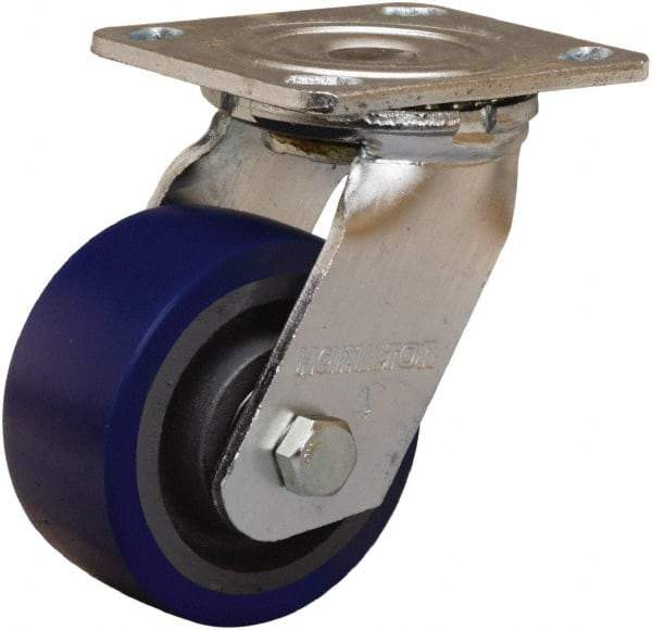 Hamilton - 4" Diam x 2" Wide x 5-5/8" OAH Top Plate Mount Swivel Caster - Polyurethane Mold onto Cast Iron Center, 600 Lb Capacity, Sealed Precision Ball Bearing, 4 x 4-1/2" Plate - Caliber Tooling