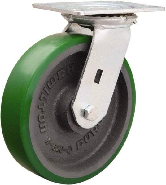 Hamilton - 8" Diam x 2" Wide x 9-1/2" OAH Top Plate Mount Swivel Caster - Polyurethane Mold onto Cast Iron Center, 1,500 Lb Capacity, Sealed Precision Ball Bearing, 4-1/2 x 6-1/4" Plate - Caliber Tooling