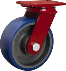 Hamilton - 8" Diam x 3" Wide x 10-1/8" OAH Top Plate Mount Swivel Caster - Polyurethane Mold onto Cast Iron Center, 2,000 Lb Capacity, Sealed Precision Ball Bearing, 4-1/2 x 6-1/2" Plate - Caliber Tooling