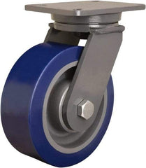 Hamilton - 8" Diam x 3" Wide x 10-1/2" OAH Top Plate Mount Swivel Caster - Polyurethane Mold onto Cast Iron Center, 3,500 Lb Capacity, Straight Roller Bearing, 5-1/4 x 7-1/4" Plate - Caliber Tooling