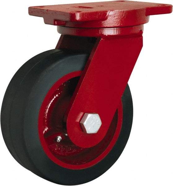 Hamilton - 8" Diam x 3" Wide x 10-1/2" OAH Top Plate Mount Swivel Caster - Rubber Mold on Cast Iron, 840 Lb Capacity, Precision Tapered Roller Bearing, 6-1/8 x 7-1/2" Plate - Caliber Tooling