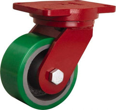 Hamilton - 6" Diam x 3" Wide x 8-1/2" OAH Top Plate Mount Swivel Caster - Polyurethane Mold onto Cast Iron Center, 2,200 Lb Capacity, Tapered Roller Bearing, 6-1/8 x 7-1/2" Plate - Caliber Tooling