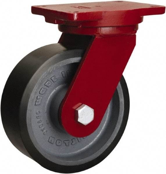 Hamilton - 8" Diam x 3" Wide x 10-1/2" OAH Top Plate Mount Swivel Caster - Polyurethane Mold onto Cast Iron Center, 3,250 Lb Capacity, Sealed Precision Ball Bearing, 6-1/8 x 7-1/2" Plate - Caliber Tooling