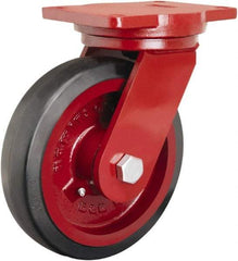 Hamilton - 8" Diam x 2-1/2" Wide x 10-1/2" OAH Top Plate Mount Swivel Caster - Rubber Mold on Cast Iron, 670 Lb Capacity, Precision Tapered Roller Bearing, 6-1/8 x 7-1/2" Plate - Caliber Tooling