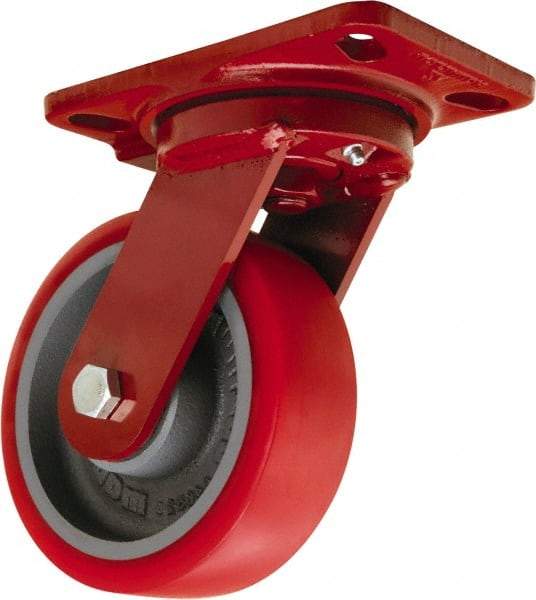 Hamilton - 6" Diam x 2" Wide x 7-3/4" OAH Top Plate Mount Swivel Caster - Polyurethane Mold onto Cast Iron Center, 1,400 Lb Capacity, Sealed Precision Ball Bearing, 4-1/2 x 6-1/2" Plate - Caliber Tooling