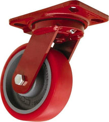 Hamilton - 6" Diam x 2" Wide x 7-3/4" OAH Top Plate Mount Swivel Caster - Polyurethane Mold onto Cast Iron Center, 1,400 Lb Capacity, Tapered Roller Bearing, 4-1/2 x 6-1/2" Plate - Caliber Tooling