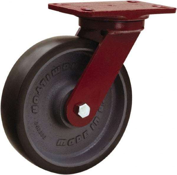 Hamilton - 8" Diam x 2" Wide x 9-3/4" OAH Top Plate Mount Swivel Caster - Polyurethane Mold onto Cast Iron Center, 1,950 Lb Capacity, Tapered Roller Bearing, 4-1/2 x 6-1/2" Plate - Caliber Tooling