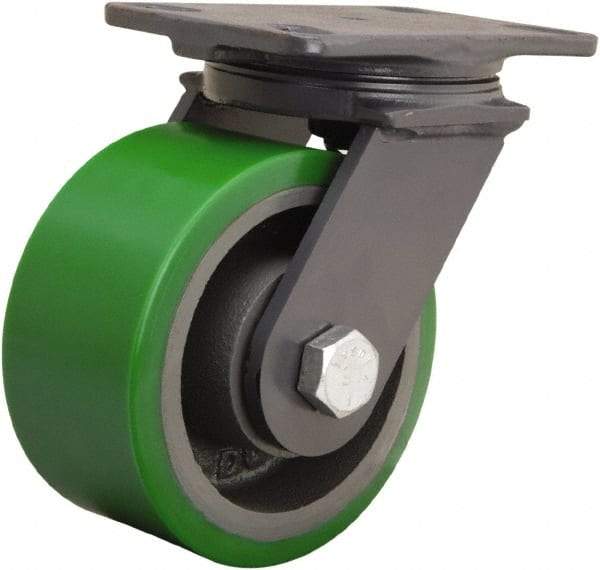 Hamilton - 6" Diam x 3" Wide x 7-3/4" OAH Top Plate Mount Swivel Caster - Polyurethane Mold onto Cast Iron Center, 2,200 Lb Capacity, Tapered Roller Bearing, 4-1/2 x 6-1/2" Plate - Caliber Tooling