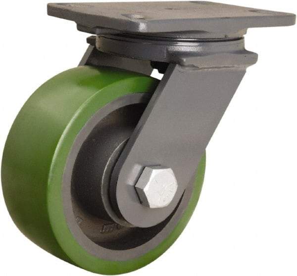 Hamilton - 6" Diam x 2-1/2" Wide x 7-3/4" OAH Top Plate Mount Swivel Caster - Polyurethane Mold onto Cast Iron Center, 1,600 Lb Capacity, Tapered Roller Bearing, 4-1/2 x 6-1/2" Plate - Caliber Tooling