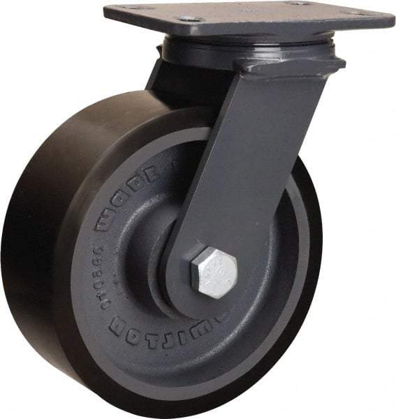 Hamilton - 8" Diam x 3" Wide x 10-1/4" OAH Top Plate Mount Swivel Caster - Polyurethane Mold onto Cast Iron Center, 2,400 Lb Capacity, Sealed Precision Ball Bearing, 4-1/2 x 6-1/2" Plate - Caliber Tooling