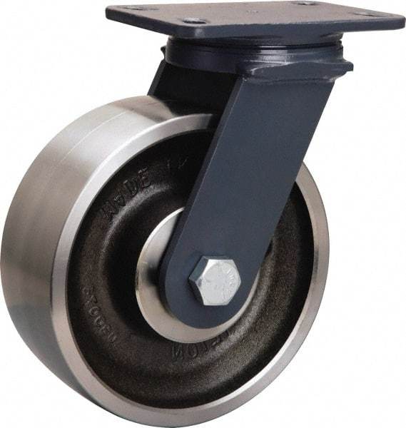 Hamilton - 8" Diam x 3" Wide x 10-1/4" OAH Top Plate Mount Swivel Caster - Forged Steel, 2,400 Lb Capacity, Sealed Precision Ball Bearing, 4-1/2 x 6-1/2" Plate - Caliber Tooling