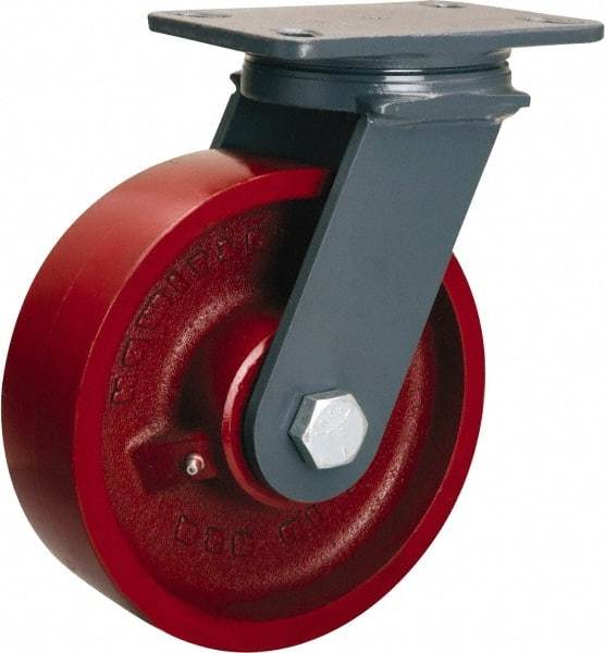 Hamilton - 8" Diam x 2-1/2" Wide x 10-1/4" OAH Top Plate Mount Swivel Caster - Cast Iron, 2,400 Lb Capacity, Tapered Roller Bearing, 4-1/2 x 6-1/2" Plate - Caliber Tooling