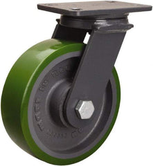 Hamilton - 8" Diam x 2-1/2" Wide x 10-1/4" OAH Top Plate Mount Swivel Caster - Polyurethane Mold onto Cast Iron Center, 2,000 Lb Capacity, Tapered Roller Bearing, 4-1/2 x 6-1/2" Plate - Caliber Tooling