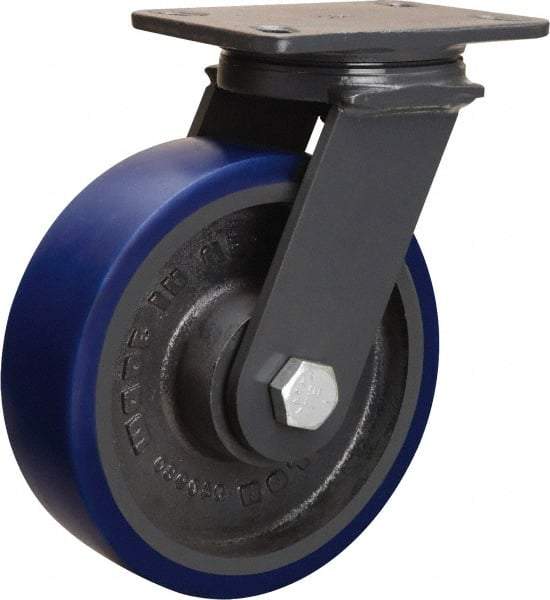 Hamilton - 8" Diam x 3" Wide x 10-1/4" OAH Top Plate Mount Swivel Caster - Polyurethane Mold onto Cast Iron Center, 2,000 Lb Capacity, Sealed Precision Ball Bearing, 4-1/2 x 6-1/2" Plate - Caliber Tooling