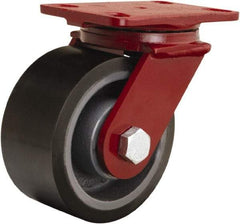 Hamilton - 6" Diam x 3" Wide x 7-1/2" OAH Top Plate Mount Swivel Caster - Polyurethane Mold onto Cast Iron Center, 2,200 Lb Capacity, Tapered Roller Bearing, 4-1/2 x 6-1/2" Plate - Caliber Tooling