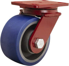 Hamilton - 6" Diam x 3" Wide x 7-1/2" OAH Top Plate Mount Swivel Caster - Polyurethane Mold onto Cast Iron Center, 1,800 Lb Capacity, Tapered Roller Bearing, 4-1/2 x 6-1/2" Plate - Caliber Tooling