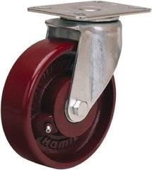 Hamilton - 5" Diam x 1-1/2" Wide x 6-3/8" OAH Top Plate Mount Swivel Caster - Cast Iron, 450 Lb Capacity, Straight Roller Bearing, 3-1/8 x 4-1/8" Plate - Caliber Tooling