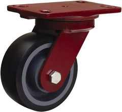 Hamilton - 5" Diam x 2" Wide x 6-3/4" OAH Top Plate Mount Swivel Caster - Polyurethane Mold onto Cast Iron Center, 1,360 Lb Capacity, Tapered Roller Bearing, 4-1/2 x 6-1/2" Plate - Caliber Tooling